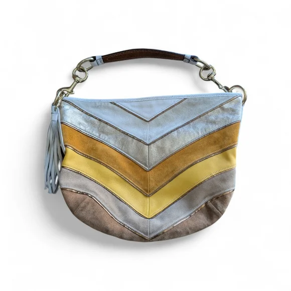 Coach Vintage Soho Limited Edition Chevron Leather Suede Hobo Bag Yellow White - Picture 2 of 14